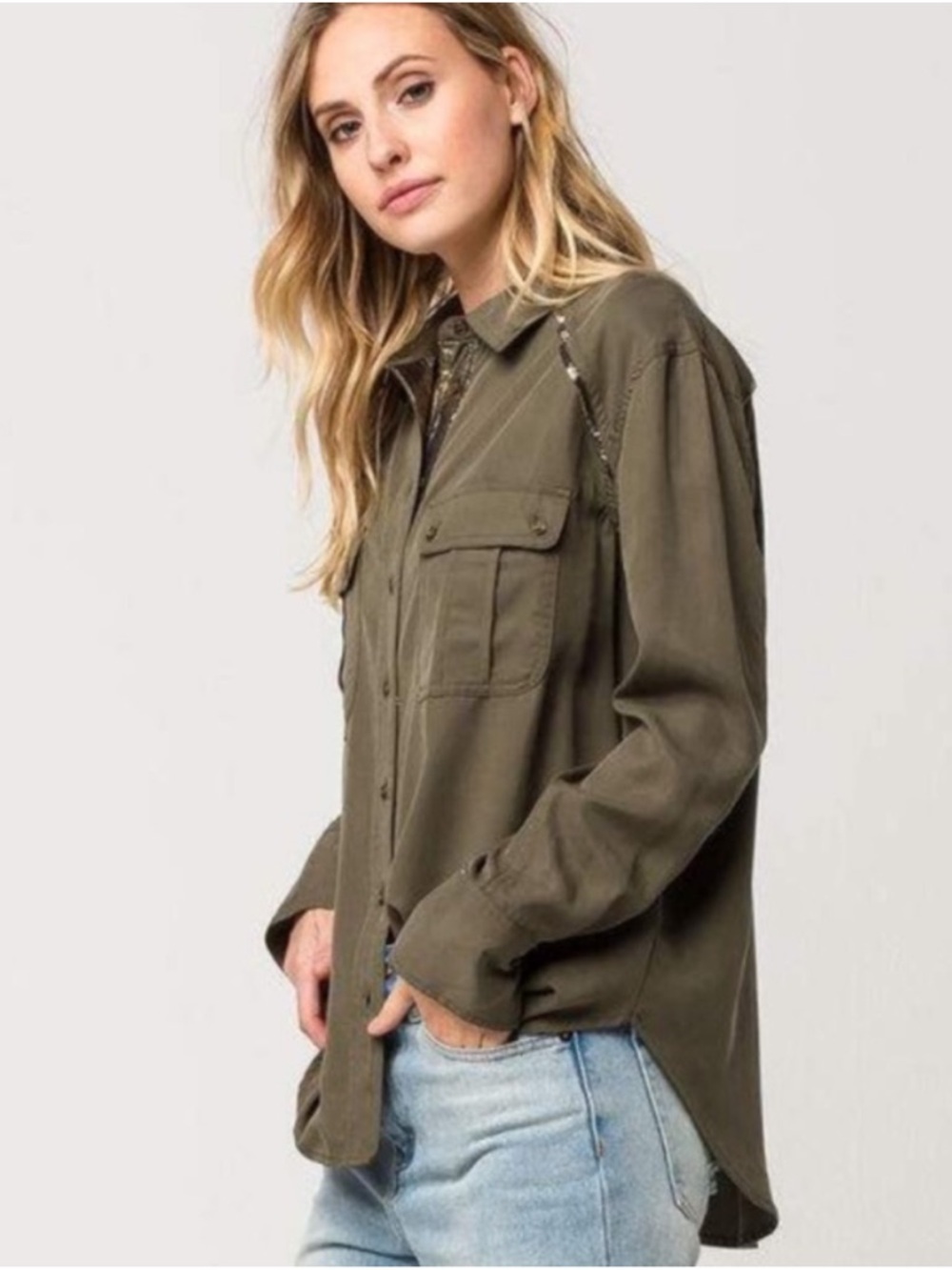 Free People Olive Utility Shirt NEW Relaxed Flap Pockets Small Quit Luxury Chic